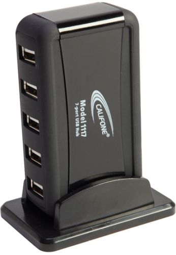 Califone 1117 Seven-Port USB Hub, Connects up to five devices with the ports on the front, Connects up to two devices with the ports on the rear, 2.5' USB connecting cord included, Self-powered with external power adapter (not included), LED indicates successful power connection between the connecting computer and the 7-port USB Hub, UPC 610356052006 (CALIFONE1117 CALIFONE-1117)