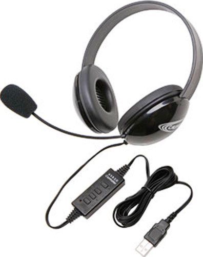 Califone 2800BK-USB Listening First Stereo Headset with USB Plug, Black; Adjustable headband for personalized fit; Smaller overall headband to fit younger children; Rugged ABS plastic construction for classroom safety; Permanently attached 5.5' straight cord with reinforced 