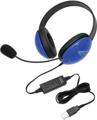Califone 2800BL-USB Listening First Stereo Headset with USB Plug, Blue; Adjustable headband for personalized fit; Smaller overall headband to fit younger children; Rugged ABS plastic construction for classroom safety; Permanently attached 5.5' straight cord with reinforced 