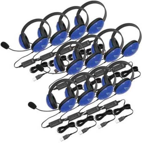 Califone 2800BLUSB-12L Listening First Stereo Headset with USB Plug (12-Pack), Blue; Adjustable headband for personalized fit; Smaller overall headband to fit younger children; Rugged ABS plastic construction for classroom safety; Permanently attached 5.5' straight cord with reinforced 