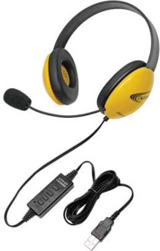 Califone 2800YL-USB Listening First Stereo Headset with USB Plug, Yellow; Adjustable headband for personalized fit; Smaller overall headband to fit younger children; Rugged ABS plastic construction for classroom safety; Permanently attached 5.5' straight cord with reinforced 