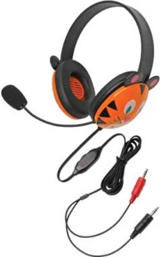 Califone 2810TI-AV Listening First Stereo Headset with Dual 3.5mm Plug, Tiger Motif; Adjustable headband for personalized fit; Smaller overall headband to fit younger children; Rugged ABS plastic construction for classroom safety; Volume control for individual preferences; Flexible electret microphone; UPC 610356832066 (CALIFONE2810TIAV 2810TIAV 2810TI AV 2810-TI-AV)