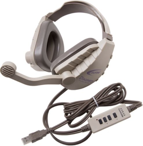 Califone DS8V-USB Discovery Stereo Binaural Headset with USB Plug, Gray/Beige, Rugged plastic headstrap with recessed wiring for safety, Fully adjustable headband & comfort sling fits all sizes, Noise-reducing earcups decrease external ambient noise; 3 straight cord with USB plug for use with tablets, Macs, Chromebooks, laptop & desktop computers; UPC 610356832738 (CALIFONEDS8VUSB DS8VUSB DS8V USB DS-8V-USB)