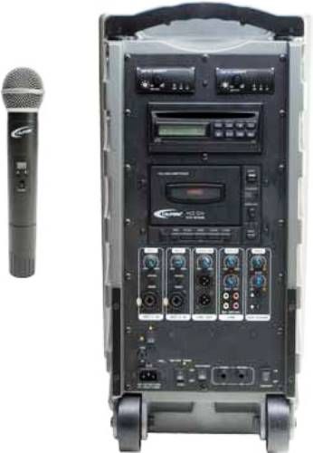 Califone PA919Q Portable PowerPro PA System with Handheld Wireless Mic, 90 watts RMS, 300' transmission to an unlimited number of Wireless Companion Speakers for unlimited coverage and effortless set up, Use up to 2 wireless UHF mics and two wired mics at one time for more dynamic presentations and performances, UPC 610356831977 (CALIFONEPA919Q PA-919Q PA 919Q PA919)