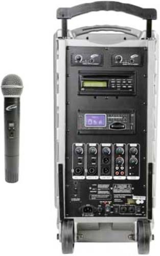 Califone PA919SDQ PowerPro SD Portable PA System with Handheld Wireless Mic, 90 Watts RMS Amplifier, 4-position steel handle for easy mobility, Dual 16-channel UHF selectability for two wireless mics, Programmable CD player, Separate volume, bass, treble controls for quality sound, Aux in and line inputs to connect with other media players, UPC 610356831991 (CALIFONEPA919SDQ PA-919SDQ PA 919SDQ PA919SD PA919)