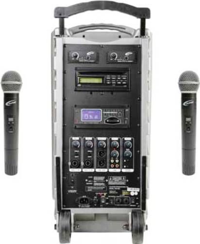 Califone PA919SDQ2 PowerPro SD Portable PA System with 2 Handheld Wireless Mic, 90 Watts RMS Amplifier, 4-position steel handle for easy mobility, Dual 16-channel UHF selectability for two wireless mics, Programmable CD player, Separate volume, bass, treble controls for quality sound, Aux in and line inputs to connect with other media players, UPC 638267605500 (CALIFONEPA919SDQ2 PA-919SDQ2 PA 919SDQ2 PA919SD PA919)