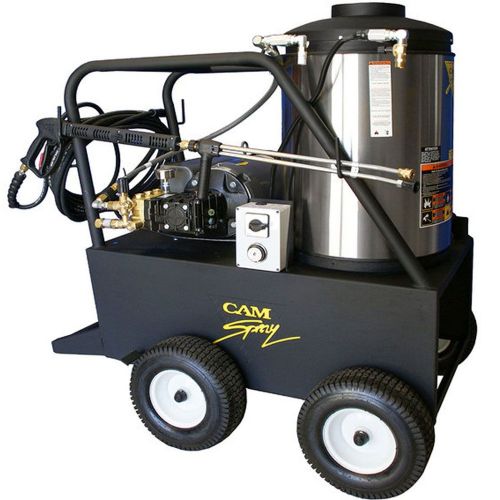 Cam Spray 1500QE Portable Diesel Fired Electric Powered 3 gpm, 1500 psi Hot Water Pressure Washer; Triplex plunger pump with ceramic plungers and stainless-steel valves; Adjustable pressure and thermostat, pressure pop-off, chemical injection; Heavy-duty totally enclosed fan-cooled motor; Powder-coated 1.5