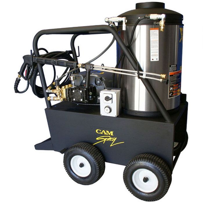 Cam Spray 2000QE Portable Diesel Fired Electric Powered 4 gpm, 2000 psi Hot Water Pressure Washer; Cam Spray Q Series Offers Mobility and High Performance; Designed to be easy to move around your work location; Unit can be operated as cold water only or hot water unit; Achieves 140 degrees fahrenheit rise in water temperature to get the job done righ; 5-HP Electric Baldor 230 volts/28 Amp Continuous Duty Motor; UPC: 095879301112 (CAMSPRAY2000QE CAM SPRAY 2000QE PORTABLE DIESEL) 