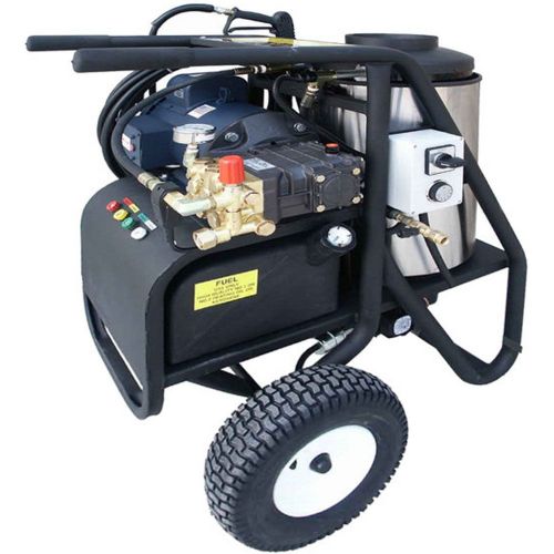 Cam Spray 2020SHDE Portable Diesel Fired Electric Powered 2 gpm, 2000 psi Hot Water Pressure Washer; Burner system includes a rust free fuel tank and schedule 80 coil with stainless steel wrap; Temperature is controlled by an adjustable thermostat and temperature limit switch for a maximum temperature 195 degrees fahrenheit; Heavy duty trigger gun with a dual wand with side handle valve (CAMSPRAY2020SHDE CAM SPRAY 1500SHDE PORTABLE DIESEL) 