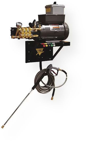 Cam Spray 2040EWM3-460 Economy Wall Mount Electric Powered Cold Water Pressure Washer, Black; 4 gpm; 2000 psi; Electric Motor; Wall Mount; 460V/3-phase; 10' Power Cord; 50' Hose; Frame Design Includes a Hook to Hang the Gun, Hose and Wand Below the Pressure Washer; Totally Enclosed Industrial Motor; Thermal Overload Protection; Overall Dimensions: 40