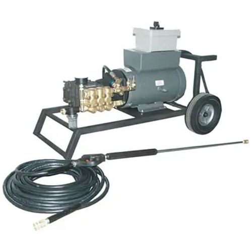 Cam Spray 208X Portable Electric Powered 8gpm, 2000 psi Cold Water Pressure Washer; The X cart cold water portable electric pressure washers use a heavy tube steel frame protected by an industrial coating; This frame style offers excellent portability and is equipped with two 10 inches tires; Heavy frame is designed to be rolled into place and set down horizontally for operation as shown in the photo; 2 inches Hydrant Fill and a 150 ft garden hose on manual reel for filling tank; UPC: 0958793008 