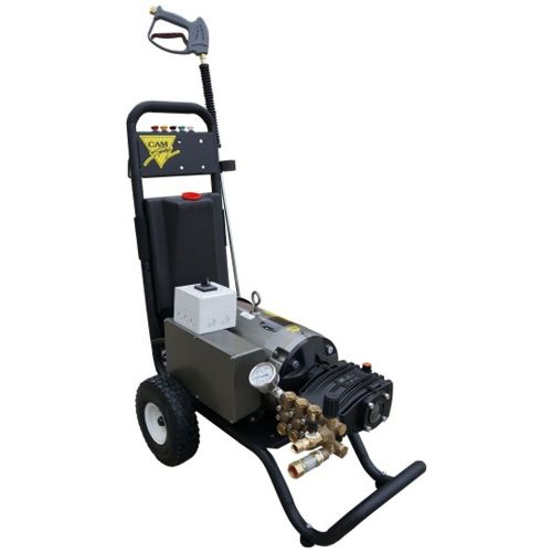 Cam Spray 2305X-208V Portable Electric Powered 5 gpm, 2300 psi Cold Water Pressure Washer; The X cart cold water pressure washers use a heavy tube steel frame protected by an industrial coating; This frame style offers excellent portability and is equipped with two 10 inches tires; Wand and hose rack are integrated into frame design; Three Gallon plastic chemical tank (CAMSPRAY2305X208V SPRAY 2305X-208V PORTABLE ELECTRIC 5GPM 2300PSI) 