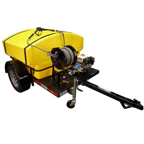 Cam Spray 25006HT Deluxe Trailer Mounted Gas Powered 3 gpm, 2500 psi Powered Cold Water Pressure Washer; Pressure Washer and Water Tank On Powder Coated Frame Trailer; 14 inches wheels on a 3500 lbs axle, includes road ready lighting; 300 Gallon Roto-Molded, Top Fill Water Tank; UPC: 095879301570 (CAMSPRAY25006HT CAM SPRAY 25006HT TRAILER MOUNT GAS 3GPM 2500PSI) 