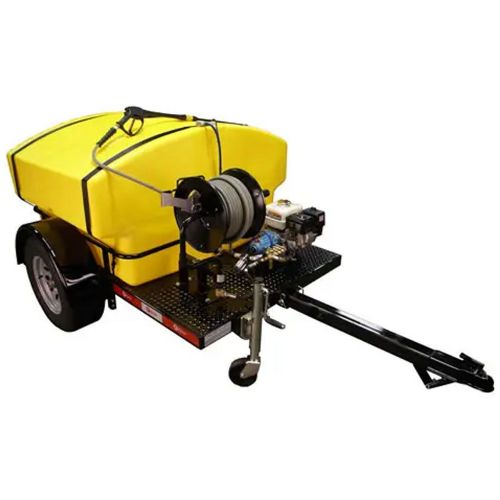 Cam Spray 3000HT Deluxe Trailer Mounted Gas Powered 4 gpm, 3000 psi Cold Water Pressure Washer; Pressure Washer and Water Tank On Powder Coated Frame Trailer; 14 inches wheels on a 3500 pounds axle, includes road ready lighting; 300 Gallon Roto-Molded, Top Fill Water Tank; Automatic shut off if machine runs dry; Commercial Grade GX390 Honda GX Engine; Durable, quiet and easy to start; UPC: 095879301587 (CAMSPRAY3000HT CAM SPRAY 3000HT TRAILER MOUNT GAS 4GPM 3000PSI) 