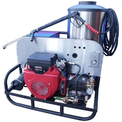 Cam Spray 4055CBG Skid Mount Diesel Fired Gas Powered 5.5 gpm, 4000 psi Hot Water Pressure Washer; Triplex plunger pump with ceramic plungers and stainless steel valves; No electricity required; 2500 watt generator system on CBG Models; 12 Volt DC Burner system on CB Models with Belt Drive Triplex plunger pump with ceramic plungers, stainless steel valves and thermal relief; Adjustable pressure; UPC: 095879301273 (CAMSPRAY4055CBG SPRAY 4055CBG SKID MOUNT DIESEL GAS 5.5GPM 4000PSI) 