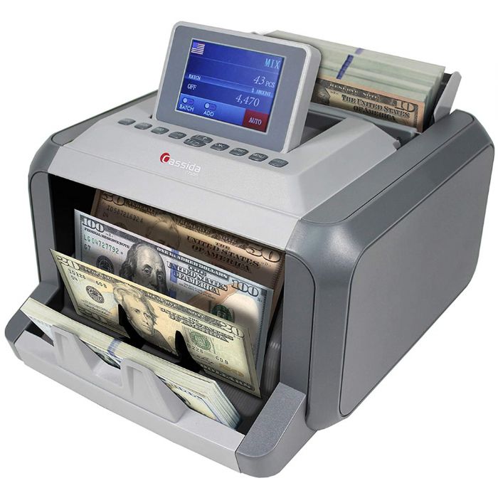 Cassida B-7750R Mixed Denomination Money Counter and Value Reader; Ideal for counting a mixed stack of bills and providing the total monetary value as well as the number of bills counted; Counts up to 1000 mixed bills per minute while; automatically identifying denominations and tracking both the count and value of bills run through; UPC: 854357006280 (CASSIDAB7750R CASSIDA B-7750R COUNTER VALUCOUNT UV MG IR CIS)
