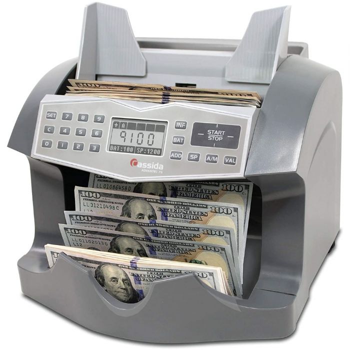 Cassida B-ADV75-UM Advantec75 Heavy-Duty Bill Counter with ValuCount, UV and Magnetic Counterfeit Detection; Selectable speeds of 800, 1000, 1200 or 1500 bills per minute are perfect for counting crisp new bills or worn old bills; Advanced technology with an easy-to-understand interface; Errors are displayed in plain English on the screen, no need to memorize cryptic codes (CASSIDABADV75UM CASSIDA B-ADV75UM BILL COUNTER VALUCOUNT BASIC UV MG)