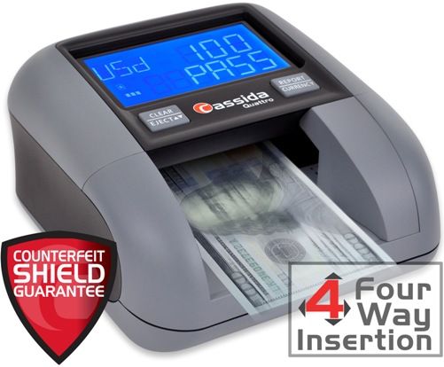 Cassida D-QWB Model QUATTRO, 4-Way Orientation Automatic Counterfeit Detector with Rechargeable Battery; Powered by Cassida's patented M Algorithm, the Quattro offers outstanding counterfeit detection combined with the lowest 