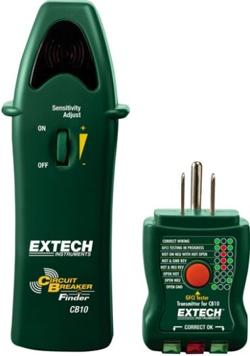 Extech CB10 AC Circuit Breaker Finder/Receptacle Tester, Quickly locate 110V to 125VAC Circuit Breakers and Fuses, Variable Sensitivity adjustment to pinpoint correct circuit breaker, Bright Red and Green LEDs indicates if receptacle is correctly wired or six fault conditions, UPC 793950400104 (CB-10 CB 10)
