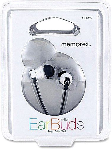 Memorex CB-25BK In-Ear Stereo EarBuds, Black; Frequency Response 2020000 Hz; Sensitivity at 1 KHz 104 +/- 3 dB; Input Impedance 16 ohms +/- 10%; Superior sound without the bulk of larger earphones/headphones; Small, medium, and large sets of silicone tips to ensure a snug, no-slip fit; Trend-right color matches your style and fits today's fashion; UPC 034707991545 (CB25BK CB 25BK CB-25-BK CB-25)