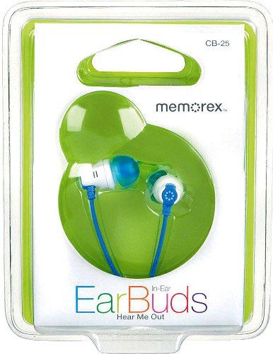 Memorex CB-25LBL In-Ear Stereo EarBuds, Blue and White; Frequency Response 2020000 Hz; Sensitivity at 1 KHz 104 +/- 3 dB; Input Impedance 16 ohms +/- 10%; Superior sound without the bulk of larger earphones/headphones; Small, medium, and large sets of silicone tips to ensure a snug, no-slip fit; Trend-right color matches your style and fits today's fashion; UPC 034707981522 (CB25LBL CB 25LBL CB-25-LBL CB-25)