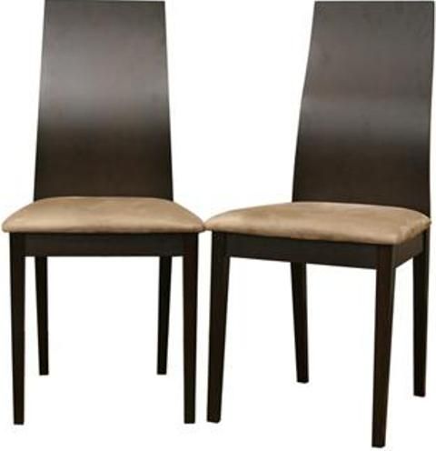 Wholesale Interiors CB-3161YBH-DW10 Lambert Dark Brown Modern Dining Chair, Contemporary dining chairs, Solid wood construction, Dark brown / wenge wood veneer finish, Foam seat cushioning, Tan microfiber seats, Silver metal accents, Sold as a set of 2 chairs, 19.2