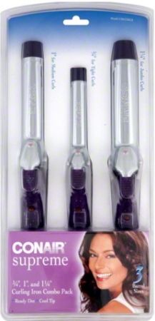 Conair CB433SCS Supreme Irons Combo Pack; Includes: 1/2 in. barrel for tight curls, 3/4 in. barrel for medium curls and 1 in. barrel for large curls; Indicator light; Built-in counter rest; 2  Heat settings; High/low/off switch; On/off indicator light; UPC 074108019394 (CB-433SCS CB 433SCS CB433-SCS CB433 SCS)