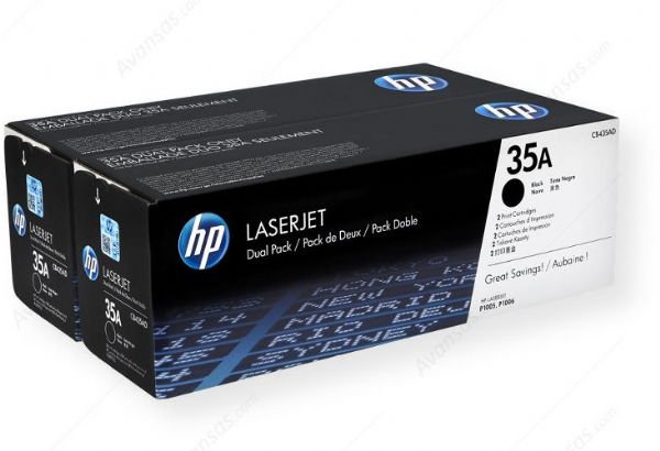 HP Hewlett Packard CB435AD model 35A Dual Pack Toner cartridge, Laser Printing Technology, Black Color, 2 Included Qty, Up to 1500 pages Duty Cycle , New Genuine Original OEM HP Hewlett Packard, For use with HP LaserJet Printers P1005, P1006 (CB435AD CB-435AD CB 435AD CB435 AD CB435-AD)