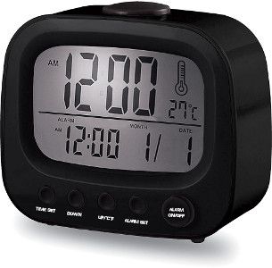 Coby CBC-52-BLK Retro Alarm Clock, Black, Display of perpetual calendar, On-the-hour chime, LCD time and temperature display, Alarm & 10 minute snooze function, Dimensions 8