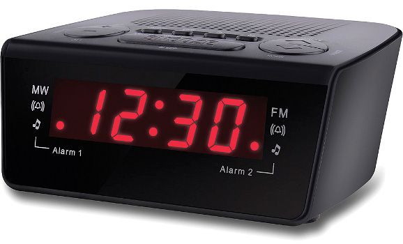 Coby CBCR-102-BLK Black Digital Alarm Clock, AM/FM radio, 20 AM And FM Station Memory Presets, Dual Alarm, Sleep timer, Snooze button, 0.6