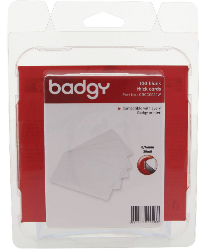 Evolis CBGC0030W 100 Blank White Thick Cards; 100 blank white thick PVC cards  0.76 mm (30 mil); CR80 - standard credit card size; Compatible with Badgy, Badgy100 & Badgy200 (CBGC0030W CBGC0030W)