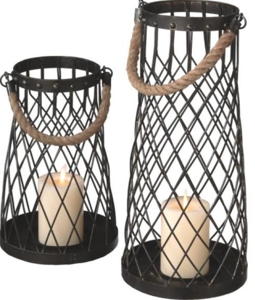 CBK Styles 065006 Nautical Inspired Wire Pillar Candle Holder Lanterns with Rope, Nautical inspired pillar candle lanterns, Wire lanterns each hold 1 pillar candle , Each has a rope handle, Set of 2, UPC 738449065006 (065006 CBK065006 CBK-065006 CBK 065006)