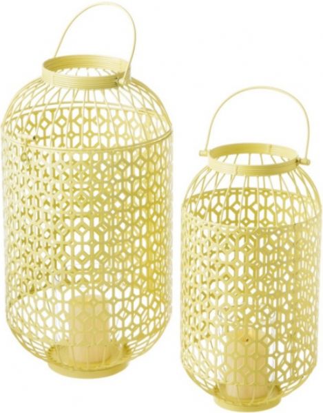CBK Style 105687 Yellow Lattice Pillar Candle Lanterns, 21'' H x 9.25'' W Small, 26'' H x 12'' W Large, Metal and glass Material, Set of 2, UPC 738449251591 (105687 CBK105687 CBK-105687 CBK 105687)