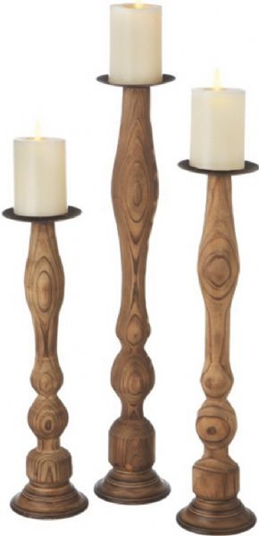 CBK Style 105778 Carved Wood Pillar Candle Holders, Each holds a standard pillar candle, Carved wood candleholders, Set of Three, UPC 738449254745 (105778 CBK105778 CBK-105778 CBK 105778)