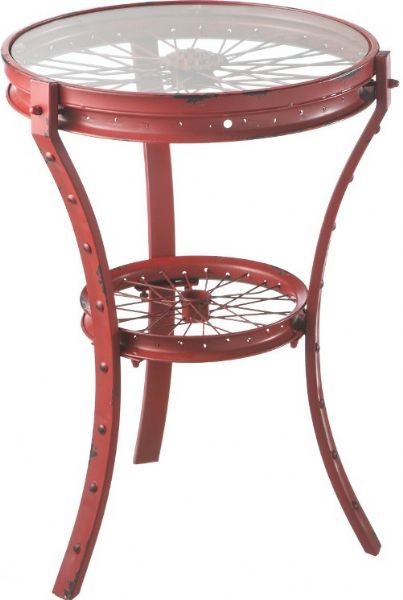 CBK Style 105852 Distressed Red Wheel Accent Table, Matte finish, Metal Base, Shelf below table top, Distressed finish, UPC 738449255537 (105852 CBK105852 CBK-105852 CBK 105852)