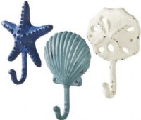 CBK Style 108765 Ocean Shell Wall Hooks, Heavy Cast Iron Wall Hook Hangers in the shape of sea shells / starfish, Distressed paint gives these hooks an authentic, weathered antique look, Has multiple uses- in the outdoor beach shower or bathroom for hanging towels, in the kitchen for hanging hand towels, pot holders, or utensils, in the coat room/mudroom for hanging coats, hats, brooms, etc , Set of 6, UPC 738449262511 (108765 CBK108765 CBK-108765 CBK 108765)  
