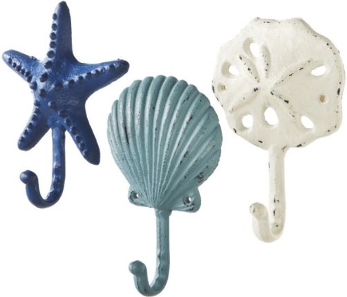CBK Style 108765 Ocean Shell Wall Hooks, Heavy Cast Iron Wall Hook Hangers in the shape of sea shells / starfish, Distressed paint gives these hooks an authentic, weathered antique look, Has multiple uses- in the outdoor beach shower or bathroom for hanging towels, in the kitchen for hanging hand towels, pot holders, or utensils, in the coat room/mudroom for hanging coats, hats, brooms, etc , Set of 6, UPC 738449262511 (108765 CBK108765 CBK-108765 CBK 108765) 