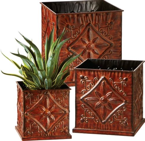 CBK Style 110567 Antique Gold Flower Nested Planters - Set of 3, Metal Material, Planter box Product Type, Square Shape, Brown Color, 1 Number of Tiers, Indoor, Distressed, UPC 738449324073 (110567 CBK110567 CBK-110567 CBK 110567) 
