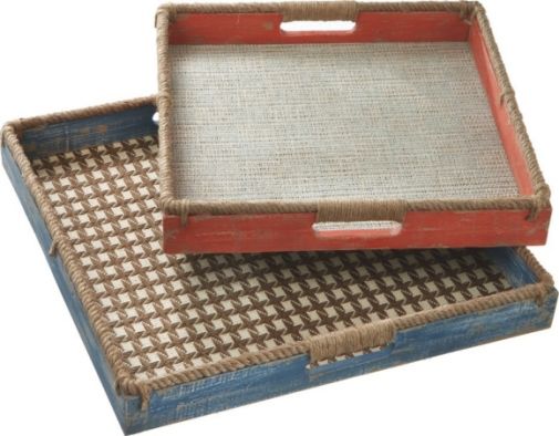 CBK Style 111190 Square Serving Trays with Woven Pattern, Accent Design, Wood Material, Square Shape, Blue and red Finish, Geometric Pattern, Set of 2, UPC 738449324790 (111190 CBK111190 CBK-111190 CBK 111190)