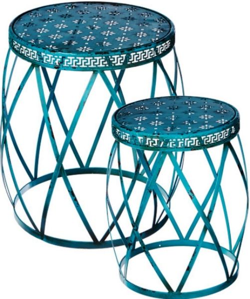 CBK Style 114441 Turquoise Criss Cross Drum Tables, Set of 2, UPC 738449374665 (114441 CBK114441 CBK-114441 CBK 114441)