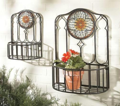 CBK Styles 37160 Casa Cristina Collection Set Two Planters, Stained Amber Glass Medallion, Dark Brown Finish, Iron Material, Dimensions Lg: 17.5