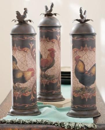 CBK Styles 43646 Assorted 3 Piece Canister Rooster Motifs, Stamped Rooster Finials, Anitque Multicolor Finish, Can Also Hold Wine Bottles, For Decorative Purposes Only, Iron Primary Material, Dimensions Each 5.25 Depth x 16.5 Heigh, Weight 6.17, UPC 054798436466 (CBK43646 CBK-43646)