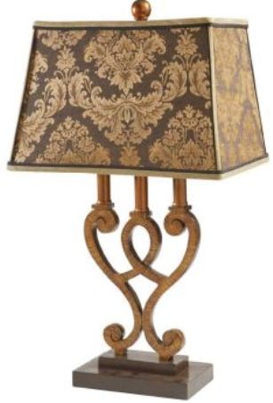 CBK Styles 54951 Table Lamp 3-Candle-Style, Open Scroll Work Design, Spanish Gold Finish, Black And Gold Rectangular Bell-Shaped Shade, 150W Bulb Max., UL Approved, 3-Way Switch, Polyresin Materials, Dimensions 24.5