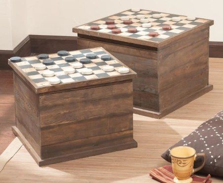 CBK Styles 65152 Set of 50 Trunk Nested Checker Board (2 Trunks, 48 Pieces), Handpainted Checker Game Pieces, Antique Red, Blue and Ivory Distressed Finish, Wood Materials, Large Trunk 18