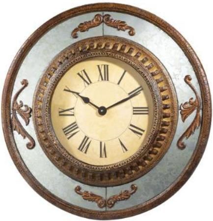 CBK Styles 65219 Round Wall Clock, Antique Mirror Surr, Leaf Scroll Design, Tuscan Rust Finish, MDF Construction, Roman Numerals, Overall dimensions 27.5