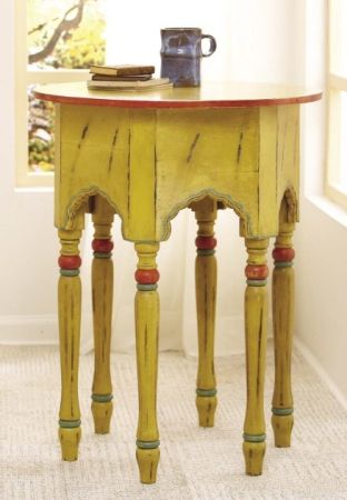 CBK Styles 65449 Round Accent End Table with Ethnic Design, Yellow, Orange and Green Finish, Mango Wood Material, Hand Painted Multicolor Distressed Finish, Assembly Instructions Included, Dimension 24