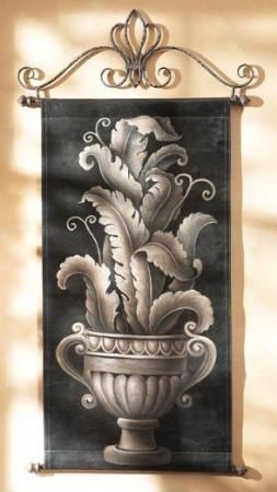 CBK Styles 65503 Faux Leather-Look Hanging Wall Decor, Handpainted Leaves In Urn Design, Black and Silver Finish, Iron Bars Top and Bottom, PVC and Iron Materials, Dimension 29 Length X 59 Height, Weight 8.25 lbs, UPC 054798655034 (CBK65503 CBK-65503 65-503 655-03)