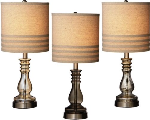 CBK Style 702796 Glass Accent Table Lamps with Linen Striped Shade, Set of 3 Assorted, 60W Max, UPC 738449702796 (702796 CBK702796 CBK-702796 CBK 702796)