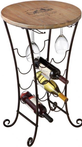 CBK Style 717905 Vineyard Table with Wine Bottle and Glass Rack, Holds 8 bottles of wine and glasses, Compliments any decor, Wood table top and metal stand with black finish, Rustic vineyard table with 