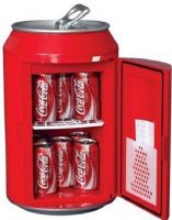 Koolatron CC10 Coca-Cola Can-Shaped 8-Can-Capacity Fridge, 10-liter-capacity mini fridge shaped like a Coca-Cola can, Holds up to 8 -12-ounce cans or 2 2-liter bottles, Removable shelf, Can be used for cooling and heating, Self-locking recessed door handle, 12-volt adapter and 120-volt home adapter included, UPC 059586509889 (CC-10 CC 10 CC10G) 